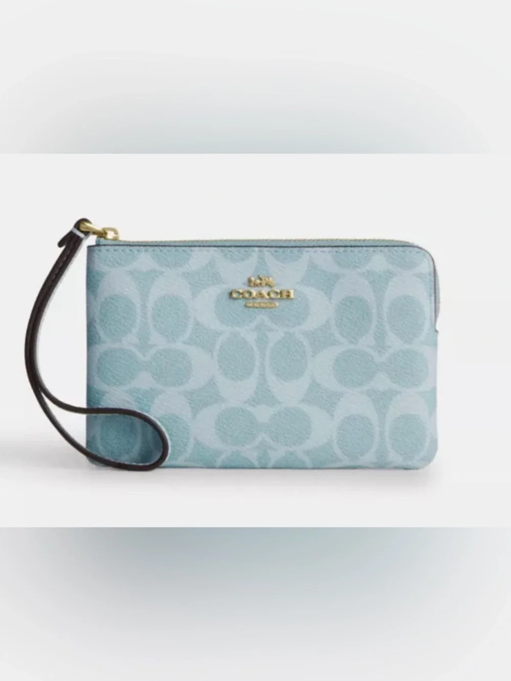 🩵Coach Light Blue Signature C Corner Zip Wristlet with Gold Hardware